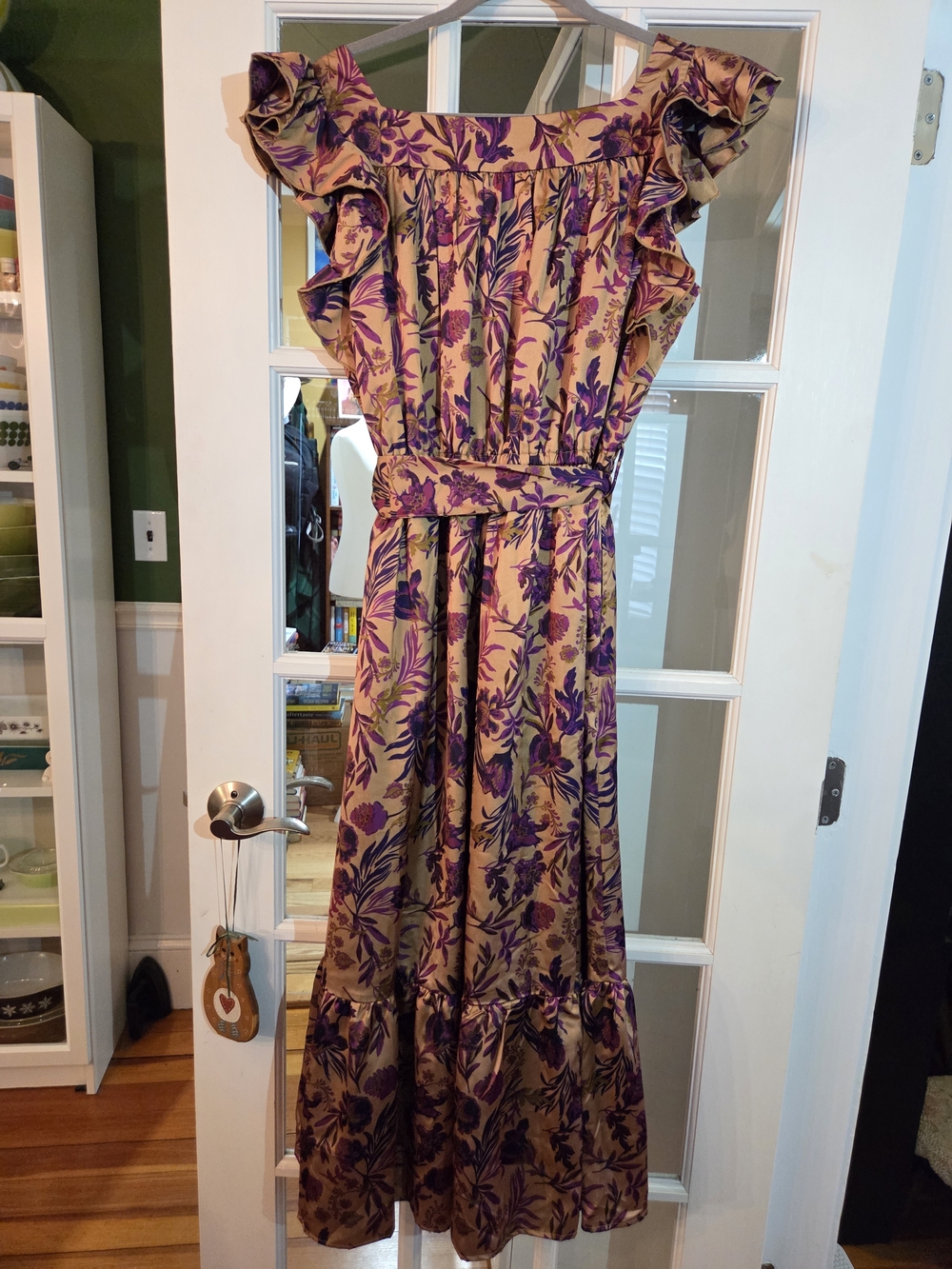 Floral Ruffle Dress with Tie Waist in Purple and Bronze - Size 16W - Picture 7 of 7